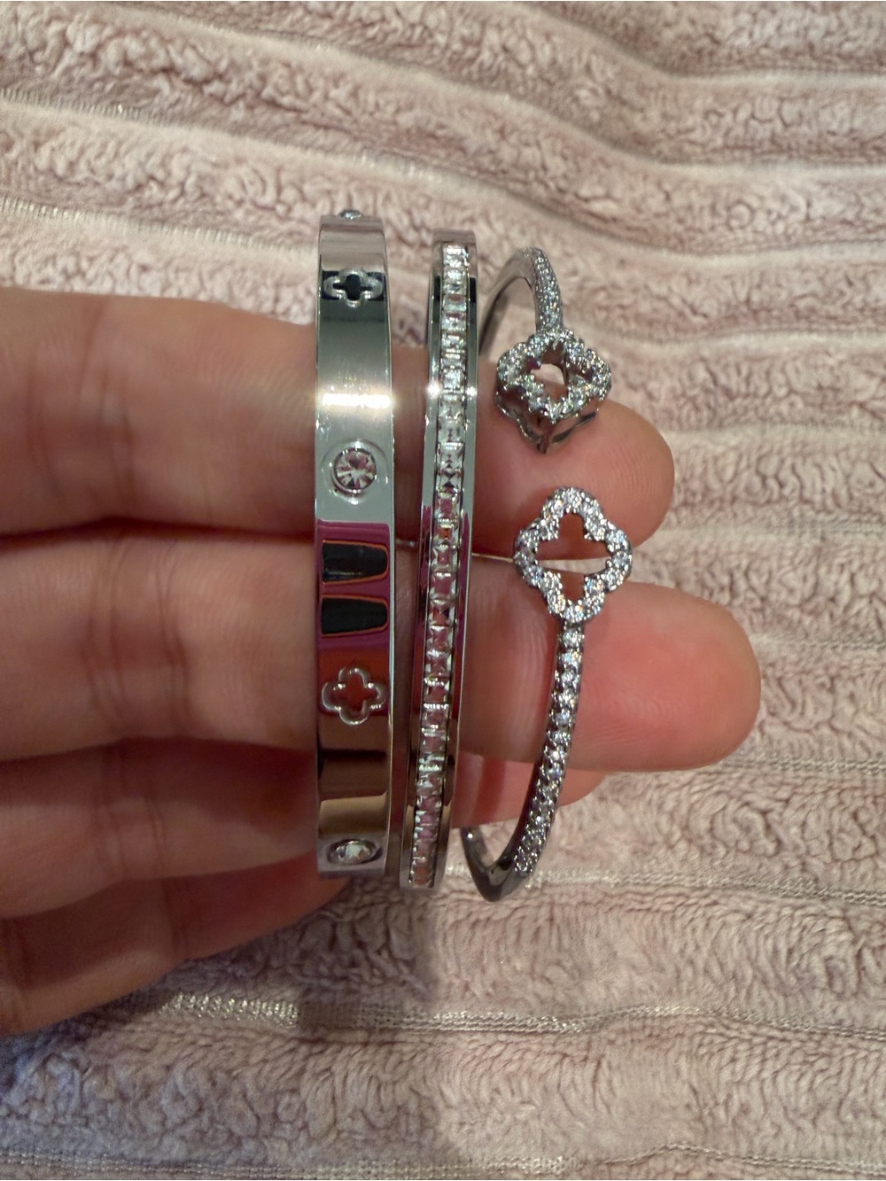 Silver Crystal Clover Bangle Bracelet Set - Women Jewelry